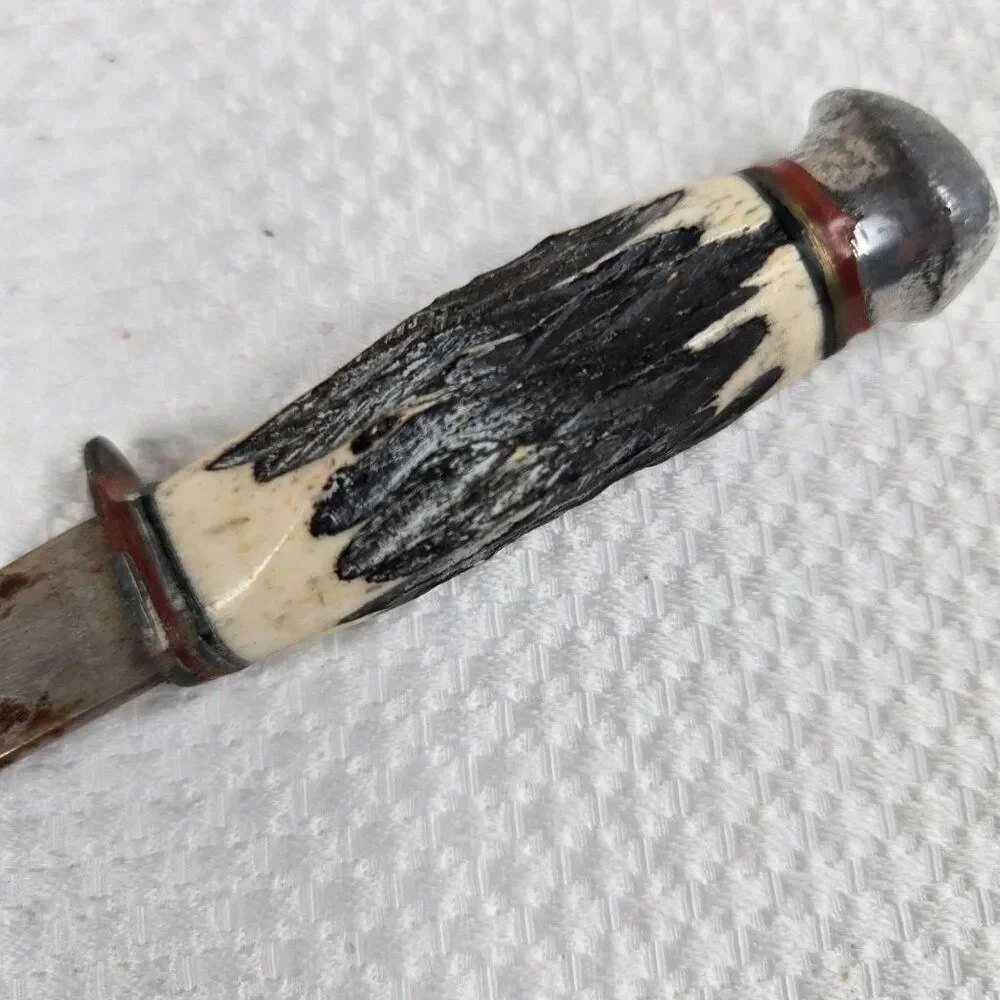 Vintage 60s Fixed Blade Dagger Knife Stag Handle Leather Sheath Japan EA Co